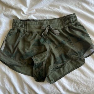 Lululemon green camouflage running shorts
